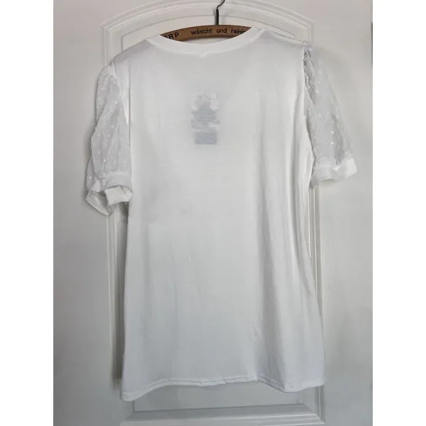 V Neck Short‎ Sleeve Puff Sleeve White Blouse Womans L Casual Loose Shirts - Image 3
