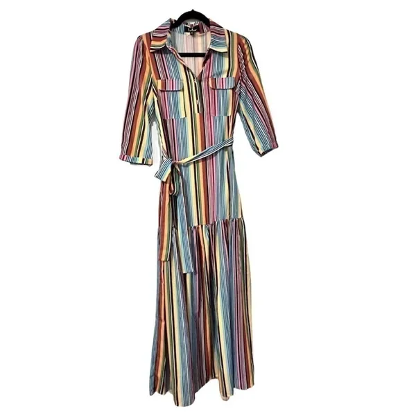 Lulus Marvel Light Blue Multi Striped Maxi Dress Womens Small Tie Waist - Image 2