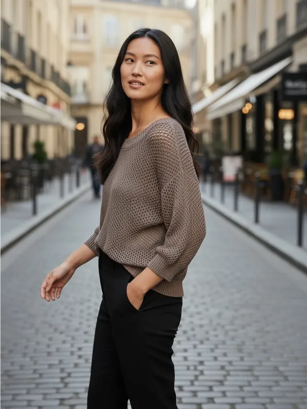 INC International Concepts Taupe Open-Knit Scoop Neck Sweater - Image 2