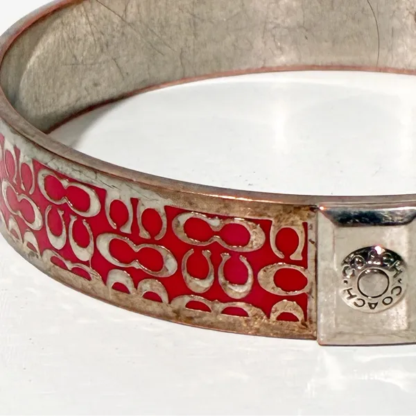 Signed COACH Silvertone Pink Enamel "C" Signature‎ Bangle Bracelet - Image 2