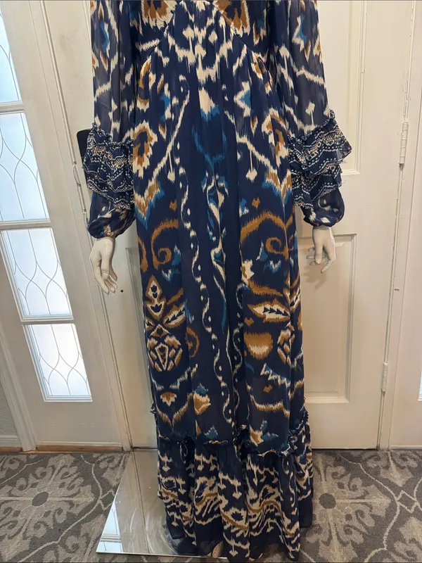 FARM Rio Pineapple Blue Ikat Maxi Dress Boho Long Sleeve Altered Length Small - Image 5