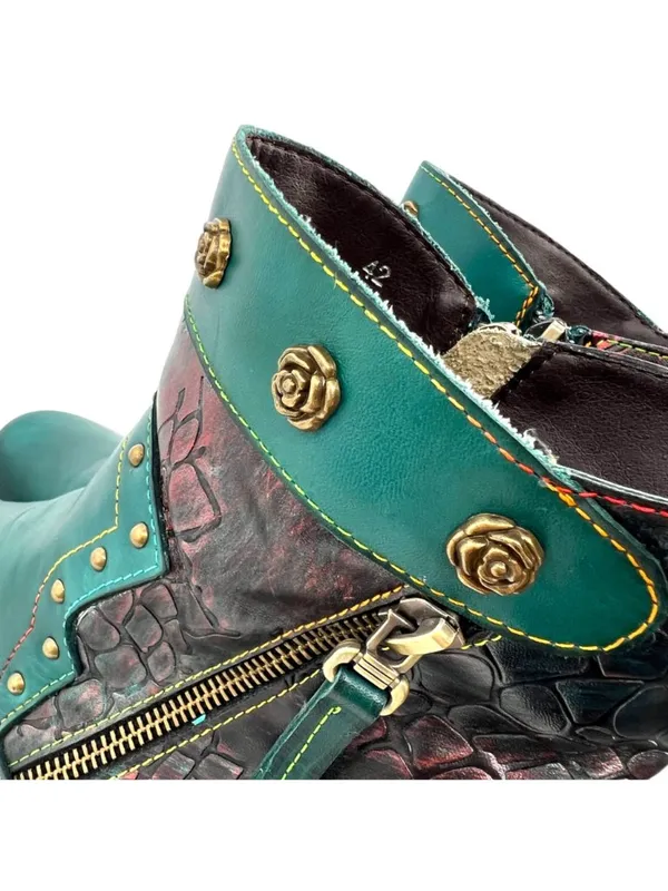 Boho Lagenlook Festival Teal Leather Ankle Boots Snake Print Stud Detail Size 42 - Image 12
