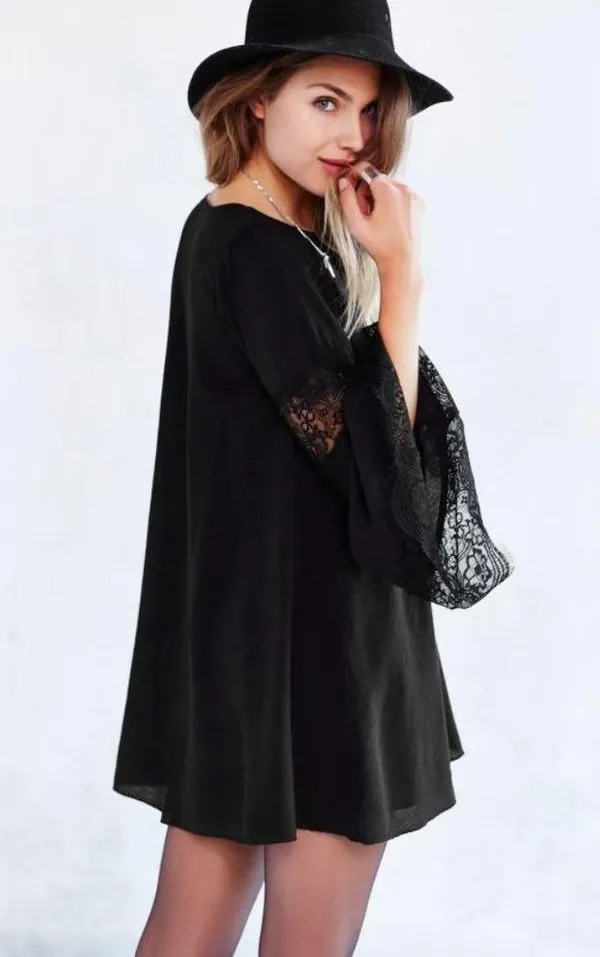 For Love & Lemons Leveon Dress Black Long Sleeve Lace Cut-Outs Cutouts Shift S - Image 3