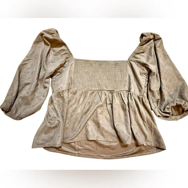 francesca's Miami Payton Faux Suede Pleated Blouse Brown‎ Sz L - Image 11