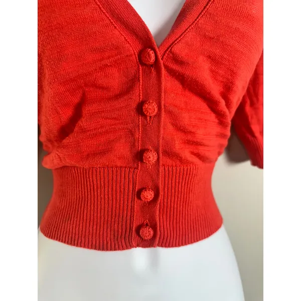 Banana Republic Womens M Coral Red Cotton Cropped‎ Short Sleeve Cardigan Sweater - Image 3
