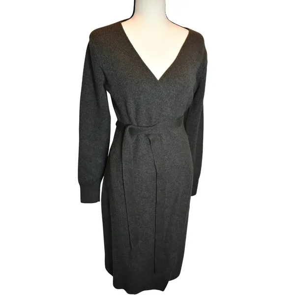 Abercrombie & Fitch Ribbed Knit Wrap Belted Midi Sweater Dress char Grey Large - Image 2