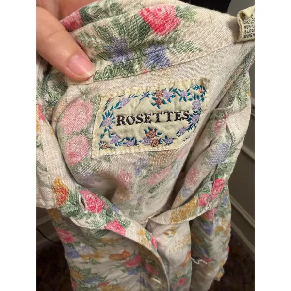 Vintage Rosettes Floral Linen Blend Top Cottage Button Up Short Sleeve Blouse - Image 6