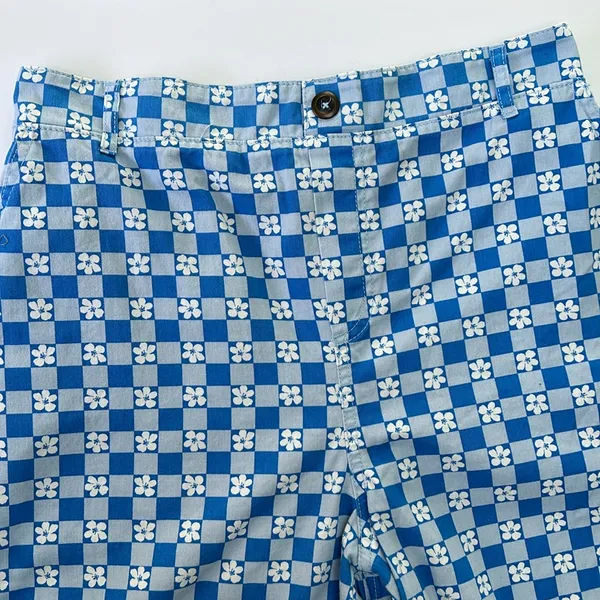 Wild fable pull on wide leg high rise pants retro blue white check with flowers - Image 4