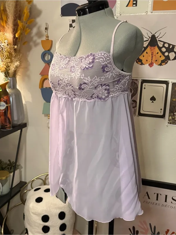 Honeydew Lavender Lace Trim Chiffon Babydoll Chemise - Image 4
