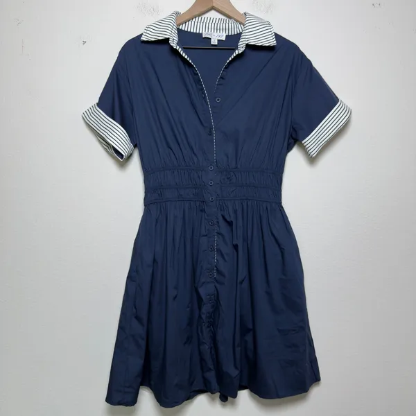 SHE + SKY Women Cotton Preppy Shirt Dress Small Navy Smocked Waist Striped Trim - Image 2