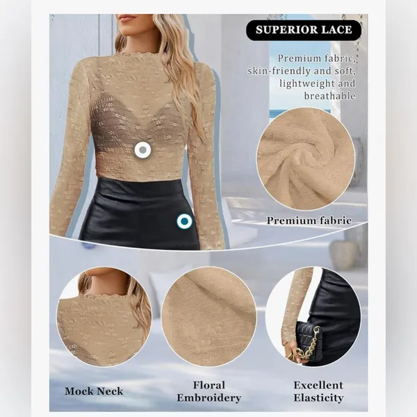 NEW Mesh Mock Neck Layering Long Sleeve Floral Lace See Through Blouse Top XL - Image 2