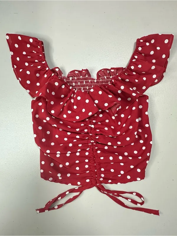 Caroline Studio Red White Polka Dot Ruched Tie Front Crop Top Flutter Sleeve Size undefined - Image 2