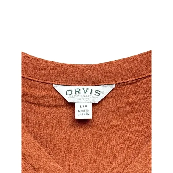 Orvis Women's‎ Large Burnt Orange Rust Woven Crinkle Crape Button Front Blouse - Image 4