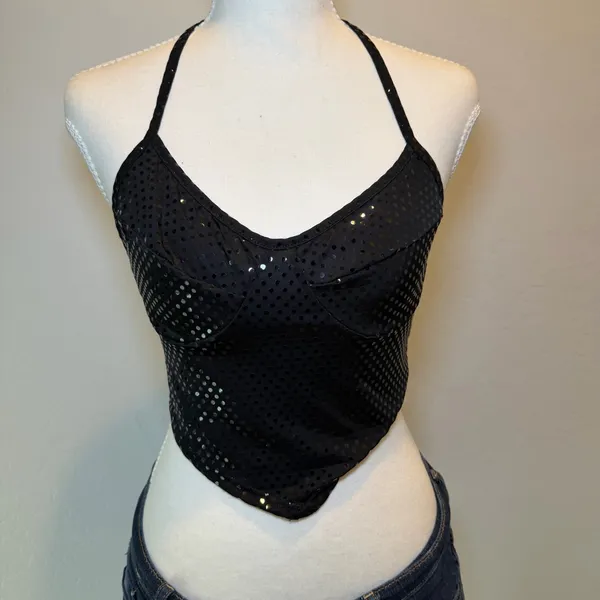 Love‎ J Black Sequin Halter Top Small Y2K Festival Clubwear - Image 2