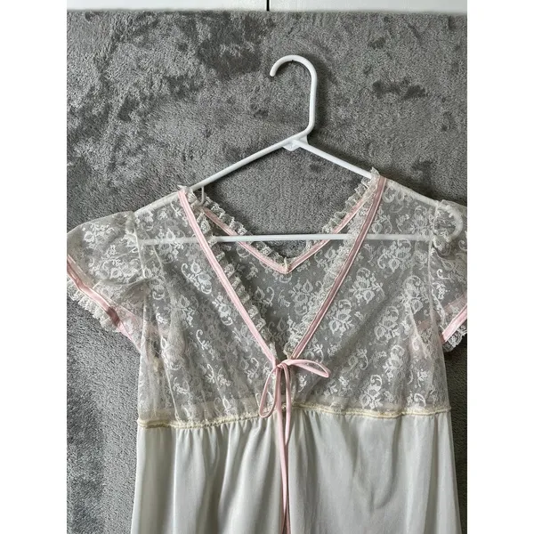 Vintage Lace Nightgown Dainty Ivory Pink‎ Sheer Cottagecore Romantic Milkmaid SM - Image 2