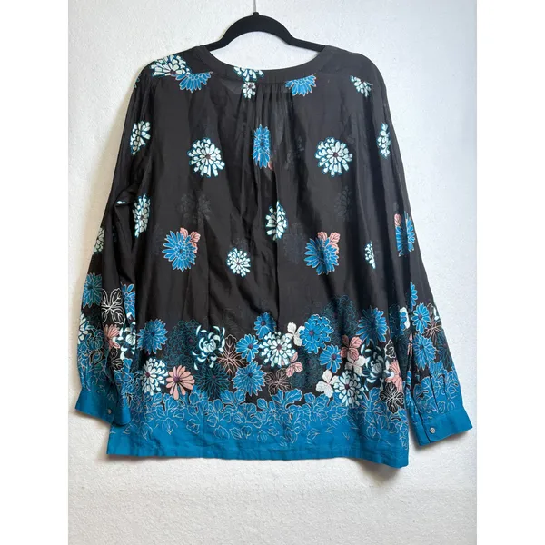 Loft Floral Border Print Split Neck Blouse Black Blue Boho Top Medium - Image 4
