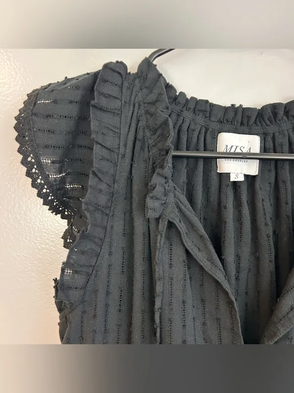 Misa Lillian Black Sleeveless Ruffle Eyelet V-neck Tiered Mini Dress Size Small - Image 6