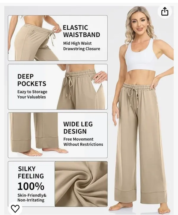 Tarse Wide Leg Palazzo High Waist Casual Sweatpants With Pocakets Yoga Pants New - Image 2
