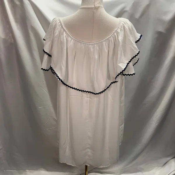 Entro‎ White Off the Shoulder Dress Womens Small Relaxed Blue Trim Flowy - Image 11