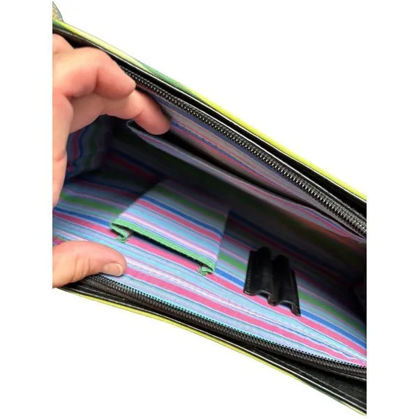 Colorful Striped Handbag With Black Handles & Zip Closure - Image 3