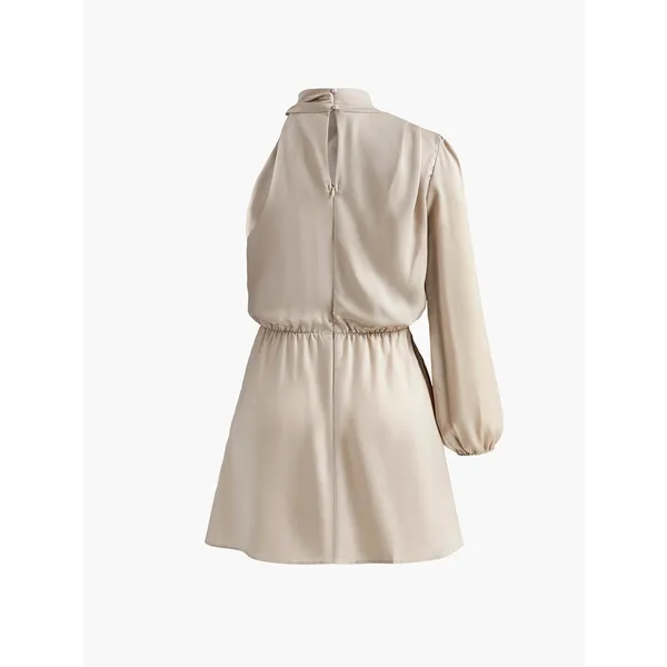Commense Satin Elegant Asymmetrical One Sleeve Pleated Draped Dress Apricot S - Image 5