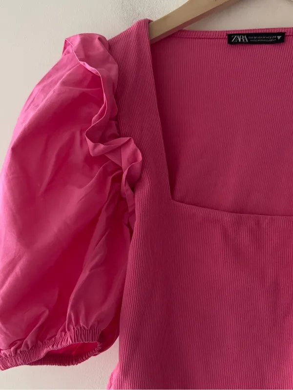 ZARA Hot Pink Puff Sleeve Square Neck Ribbed Crop Top - Image 3