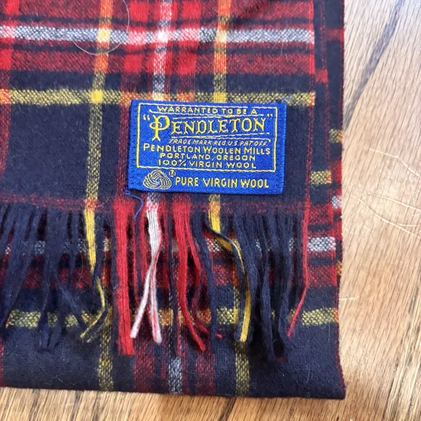 VTG Pendleton Wool‎ Scarf Plaid Tartan Fringe Red Navy Yellow 100% Virgin Wool - Image 3