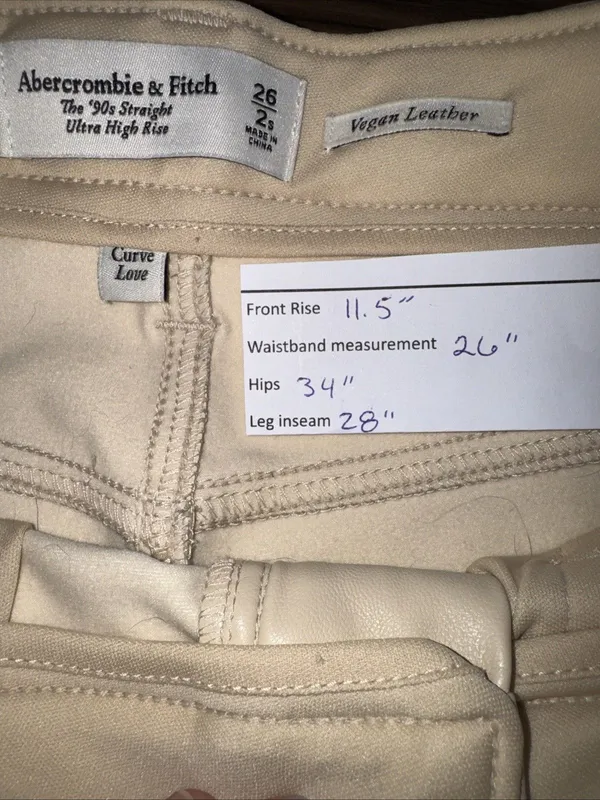Abercrombie & Fitch Vegan Leather Pants 2 26 High Rise Straight Cream Beige Chic - Image 9