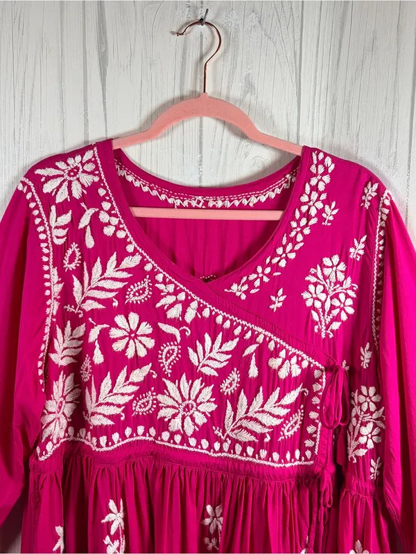 EMBROIDERED Boho Tunic Dress Bright Fuchsia and White, fits XL - Image 2