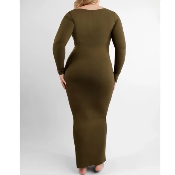 SHAPELLX Long‎ Sleeve Cut-Out Ribbed Shapewear Maxi Dress in Olive Green Size M - Image 2