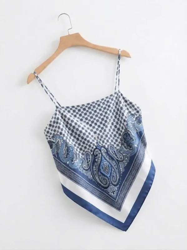 Zara Paisley Scarf Print Tie Back Handkerchief Cami Top Blue White XS-S NWT - Image 6