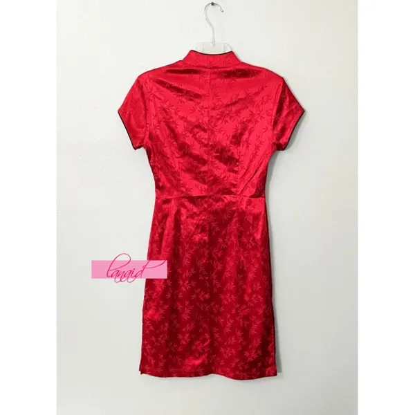 Asian Chinese Oriental Japanese Red Satin Stretchy Mandarin Short Sleeve Dress S - Image 3