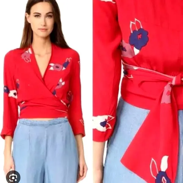 Rollas Wrap Shirt Women Small Red Floral Print Delilah‎ Blouse Boho Cottagecore - Image 2