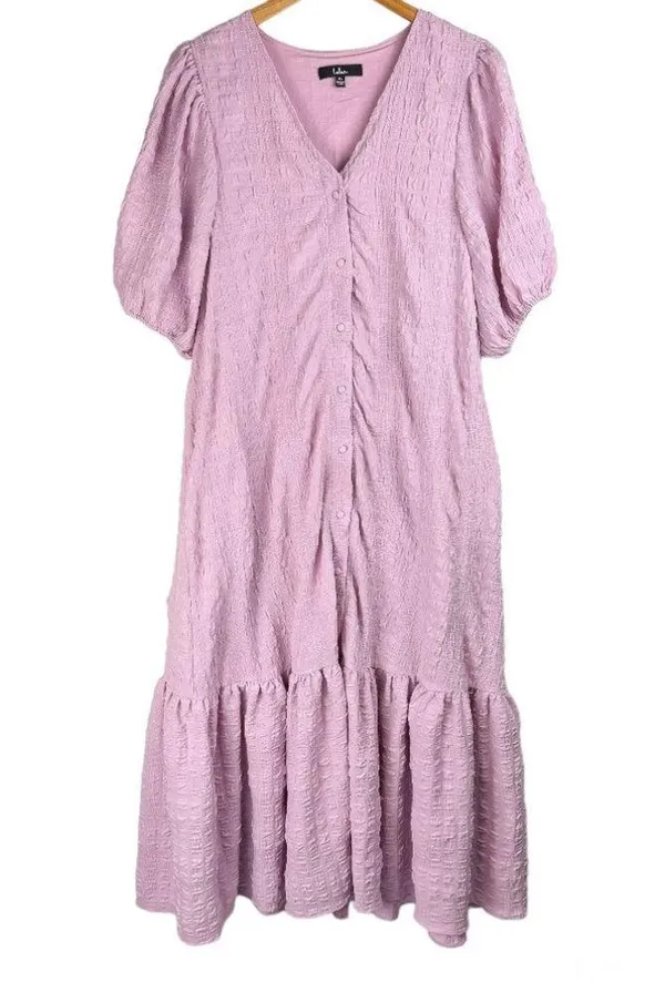 Lulu’s Sunny Love Seersucker Puff Sleeve Button Front Midi Dress Sz XL Lilac - Image 2