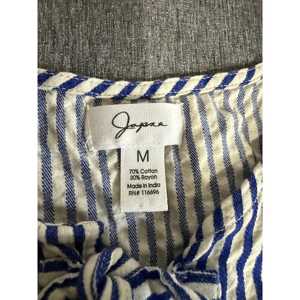 Japna Blue White Striped Tie Front Bow Puff Short Sleeve Square Neck Blouse M - Image 4