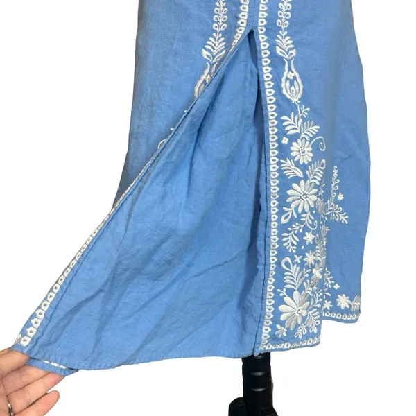 Vintage 100% Linen Skirt Sz 12 Artisan Embroidered Beaded Blue Cottage Boho Folk - Image 2