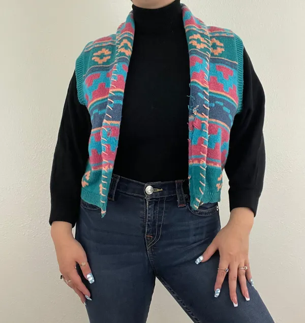 Vintage 90s Teal Blue Pink Southwestern Aztec Button Up Sweater Vest - Image 2
