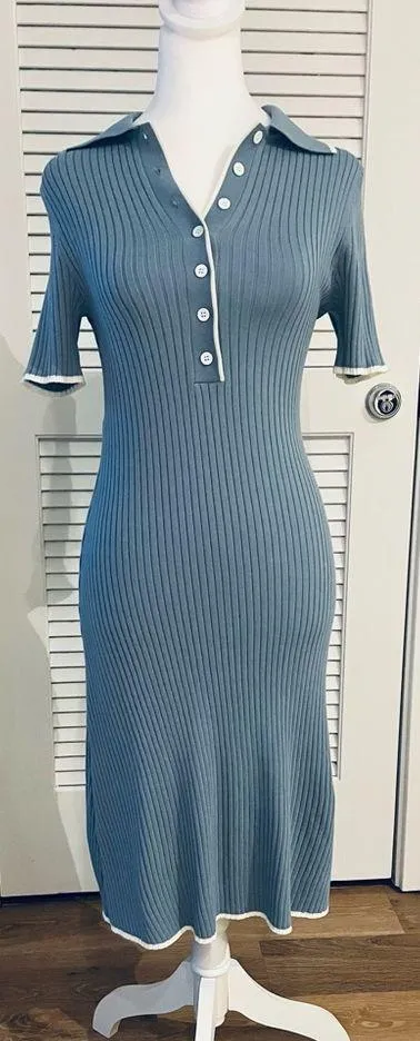 MEROKEETY Women's V Neck Ribbed Knit Midi Dress Short Sleeve Button Small - Image 4