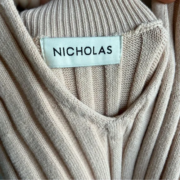 NICHOLAS Plunge‎ Neck Ribbed Cotton Knit Dress Neutral Beige Size M - Image 9