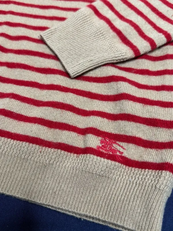 Burberry Brit 100% Cashmere Striped Sweater Red Beige Equestrian Logo M - Image 4