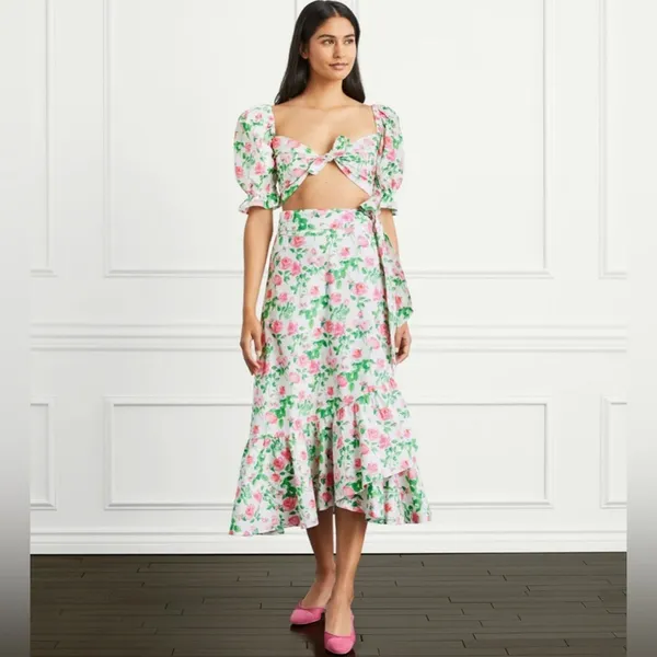 Hill House The Isabella Top Puff Sleeve Tie Front Cropped Pink Roses Size XL - Image 2