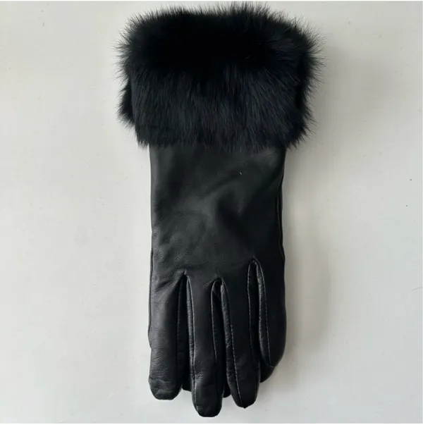 Elegant Black Fur-Trimmed Leather Gloves - Image 2