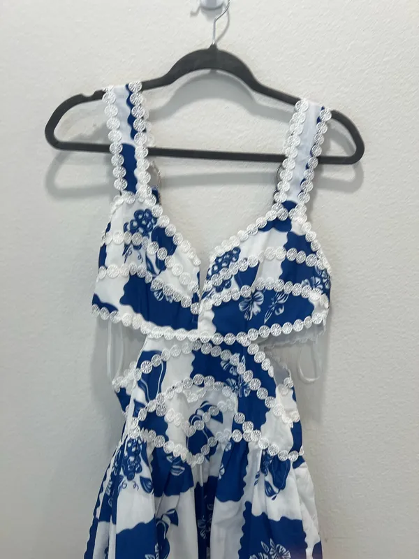Blue and White Floral Lace Trim Mini Dress by Vintage Shop Size L - Image 3
