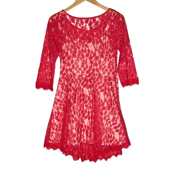 FREE PEOPLE Women’s Red Floral Lace handkerchief hem cocktail dress 8 - Image 6