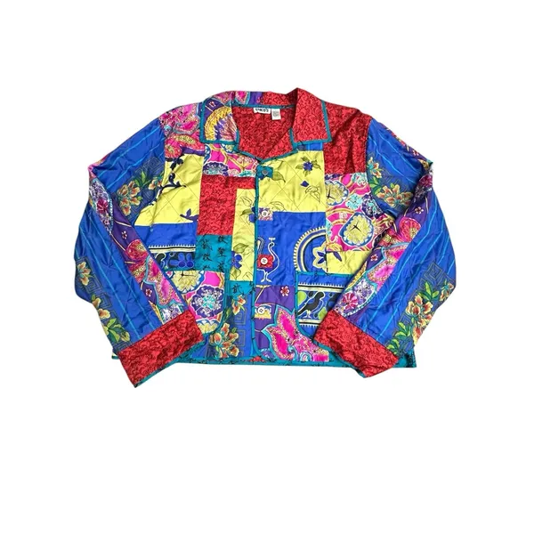 Vintage 100% Silk Patchwork Chicos Jacket Large (2) Pockets‎ Boho Rainbow #A4-1 - Image 5