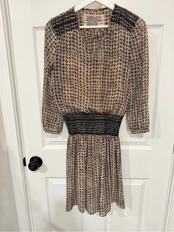 Anthropologie Vanessa Virginia Dress XS Black Tan Smocked Waist Boho - Image 8