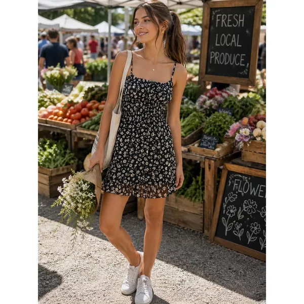 Urban Outfitters Black Daisy Floral Smocked Mini Dress Ruffle Hem Size M FD5532 - Image 15