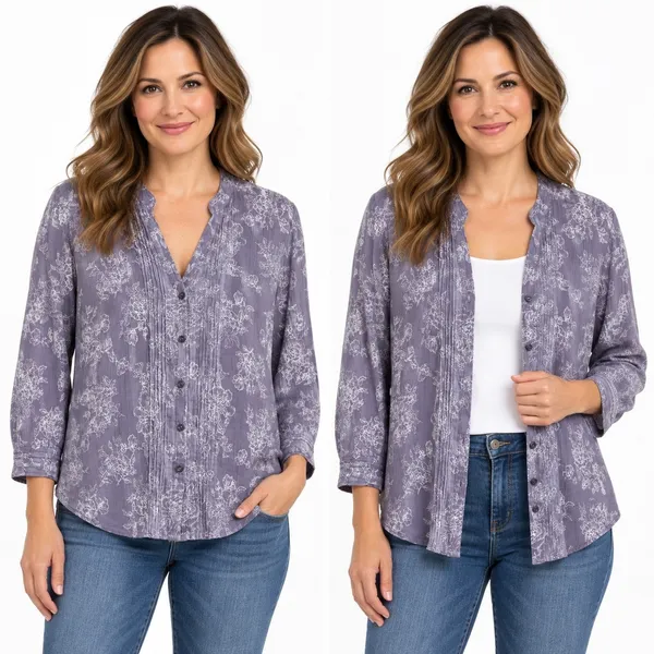 Eddie Bauer Large Grey White Floral Pintuck Cotton Button Front Top Boho - Image 2