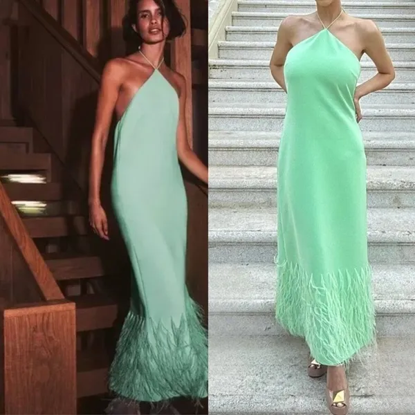 Alexis Izzie Dress Womens Mint Green Feather Trim Halter Midi Size Large - Image 2
