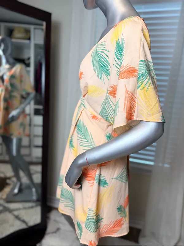 Tropical Palm Leaf Peach Mini Dress Tie Waist Short Sleeve V Neck Medium - Image 3